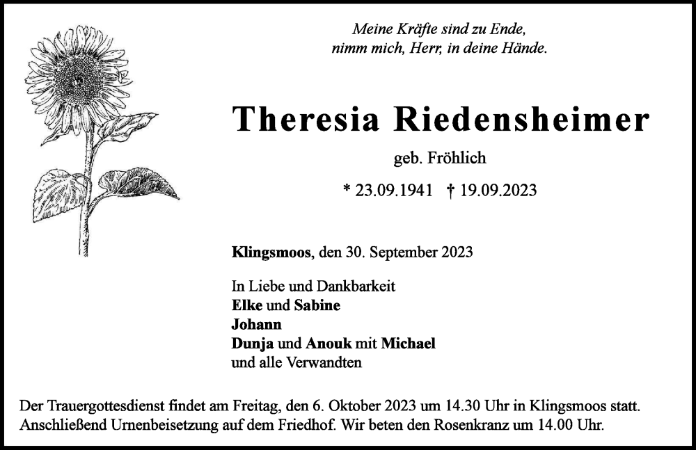  Traueranzeige für Theresia Riedensheimer vom 30.09.2023 aus Neuburger Rundschau