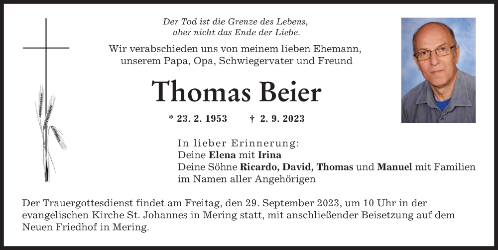  Traueranzeige für Thomas Beier vom 23.09.2023 aus Friedberger Allgemeine