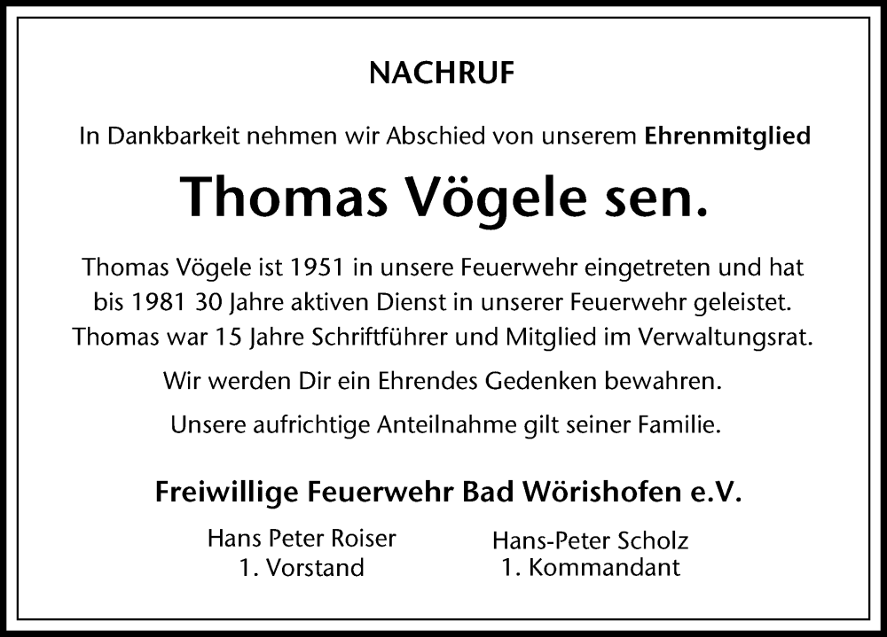 Traueranzeige von Thomas Vögele von Mindelheimer Zeitung