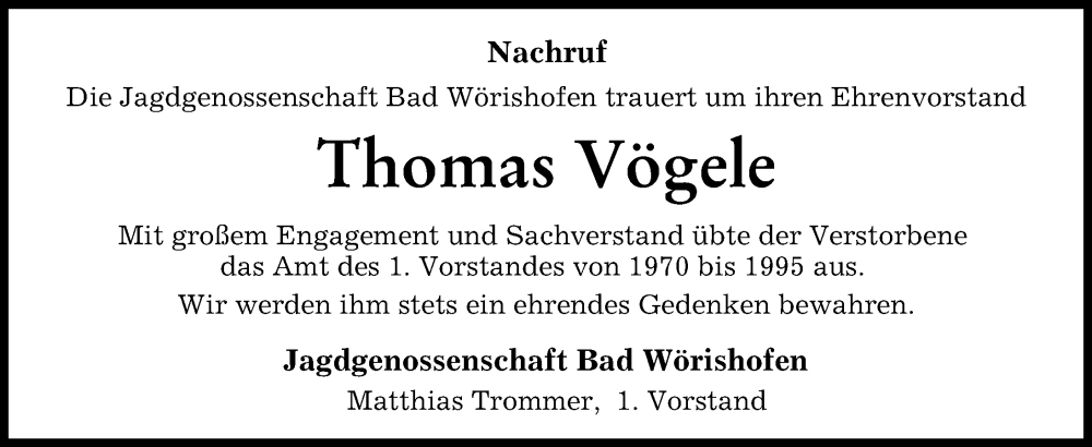 Traueranzeige von Thomas Vögele von Mindelheimer Zeitung