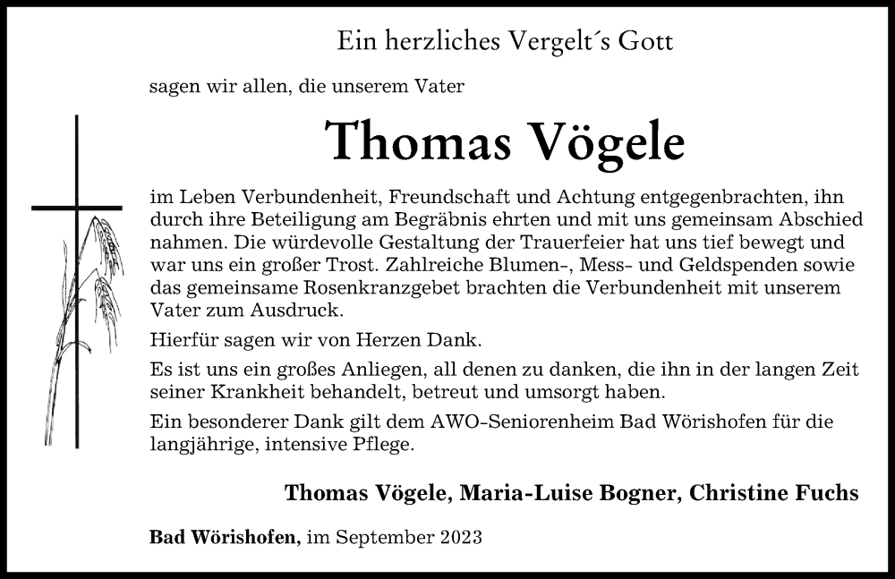 Traueranzeige von Thomas Vögele von Mindelheimer Zeitung