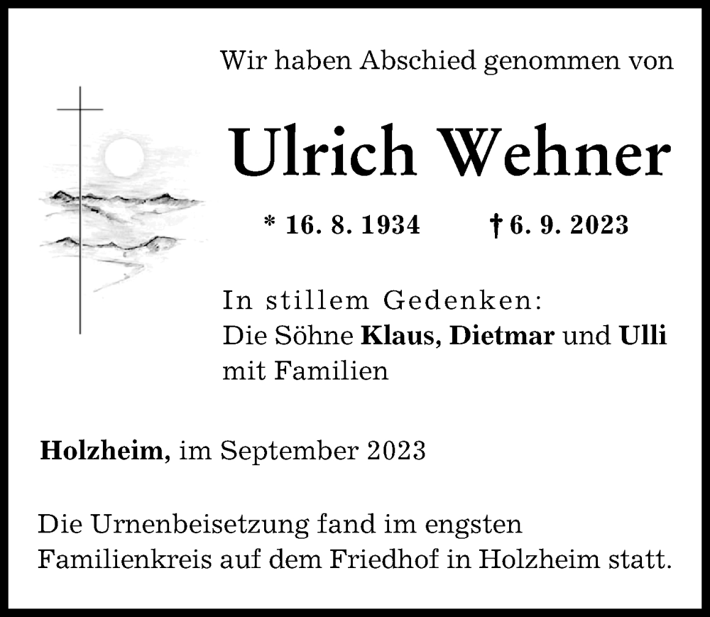  Traueranzeige für Ulrich Wehner vom 27.09.2023 aus Neu-Ulmer Zeitung