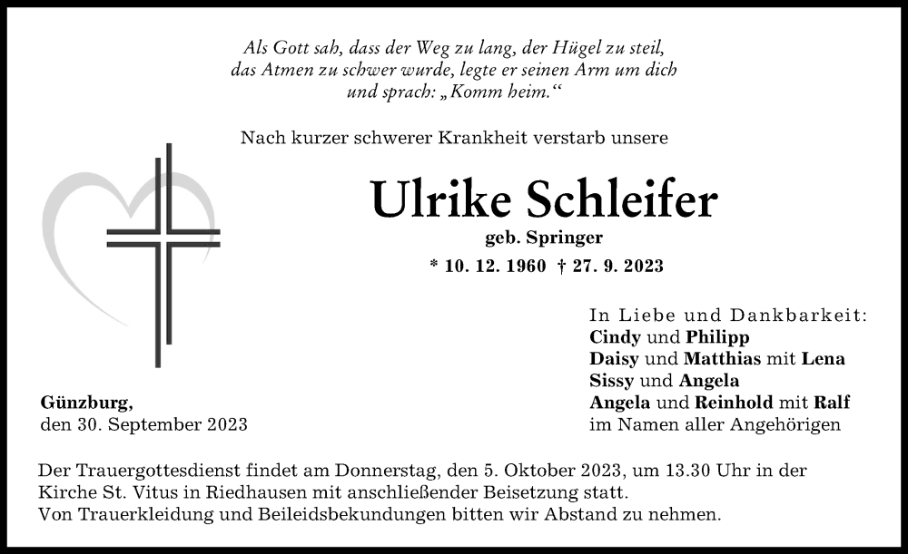 Traueranzeige von Ulrike Schleifer von Günzburger Zeitung
