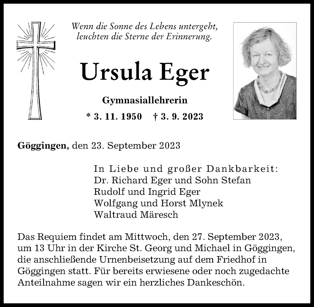  Traueranzeige für Ursula Eger vom 23.09.2023 aus Augsburg-Land, Aichacher Nachrichten, Augsburger Allgemeine