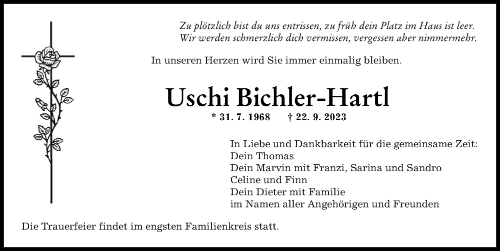 Traueranzeige von Uschi Bichler-Hartl von Augsburger Allgemeine