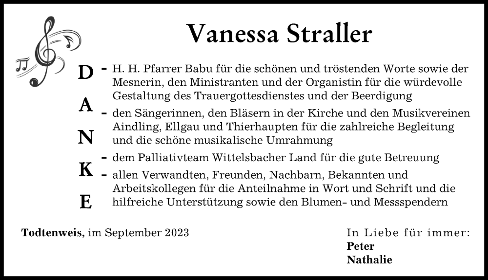  Traueranzeige für Vanessa Straller vom 16.09.2023 aus Aichacher Nachrichten, Augsburger Allgemeine