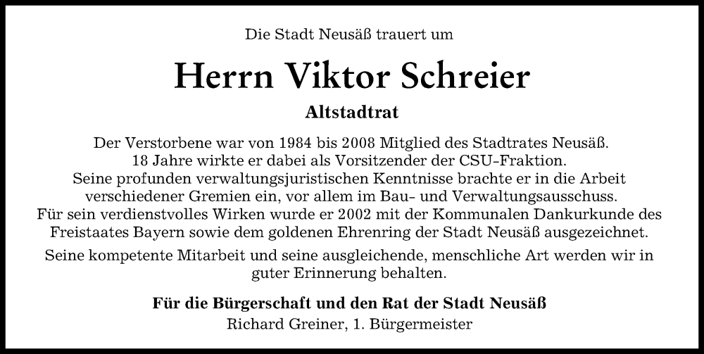 Traueranzeige von Viktor Schreier von Augsburger Allgemeine