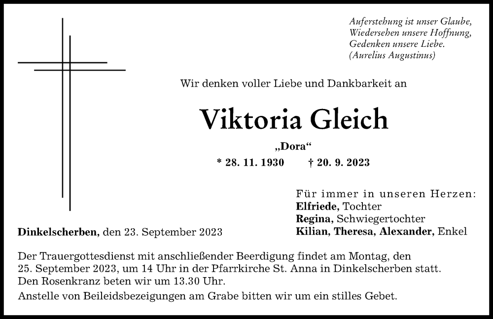  Traueranzeige für Viktoria Gleich vom 23.09.2023 aus Augsburg-Land