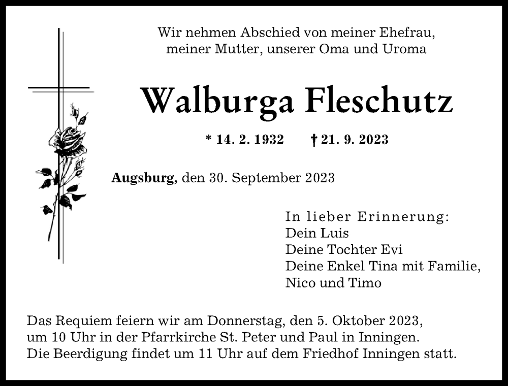  Traueranzeige für Walburga Fleschutz vom 30.09.2023 aus Augsburger Allgemeine