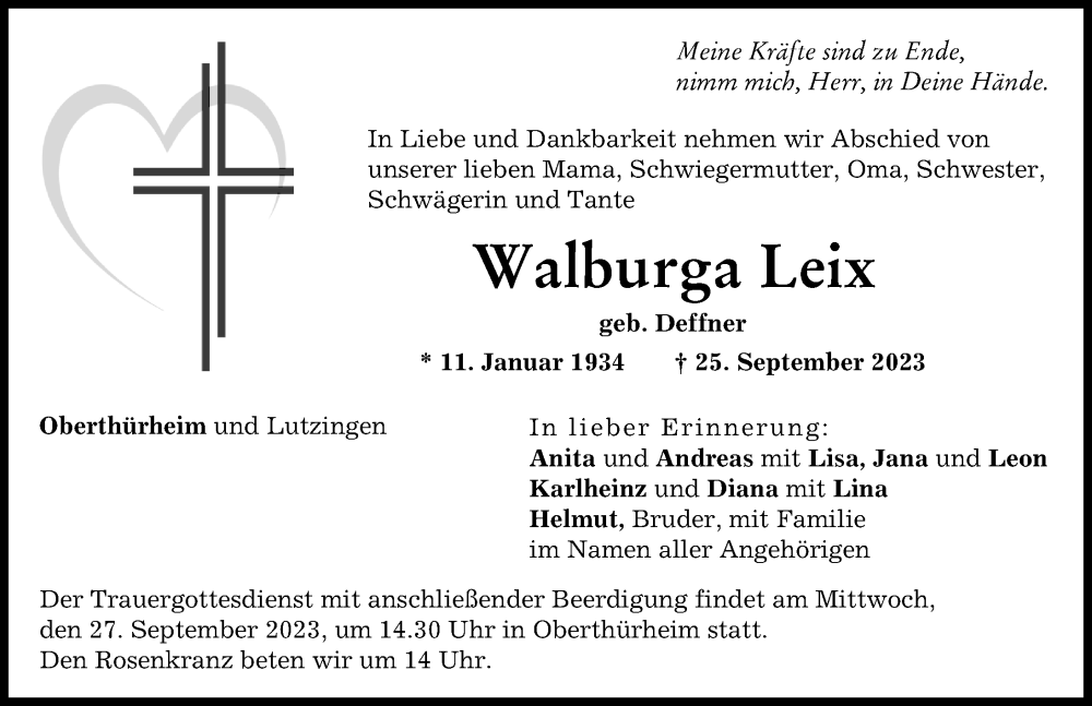Traueranzeige von Walburga Leix von Wertinger Zeitung