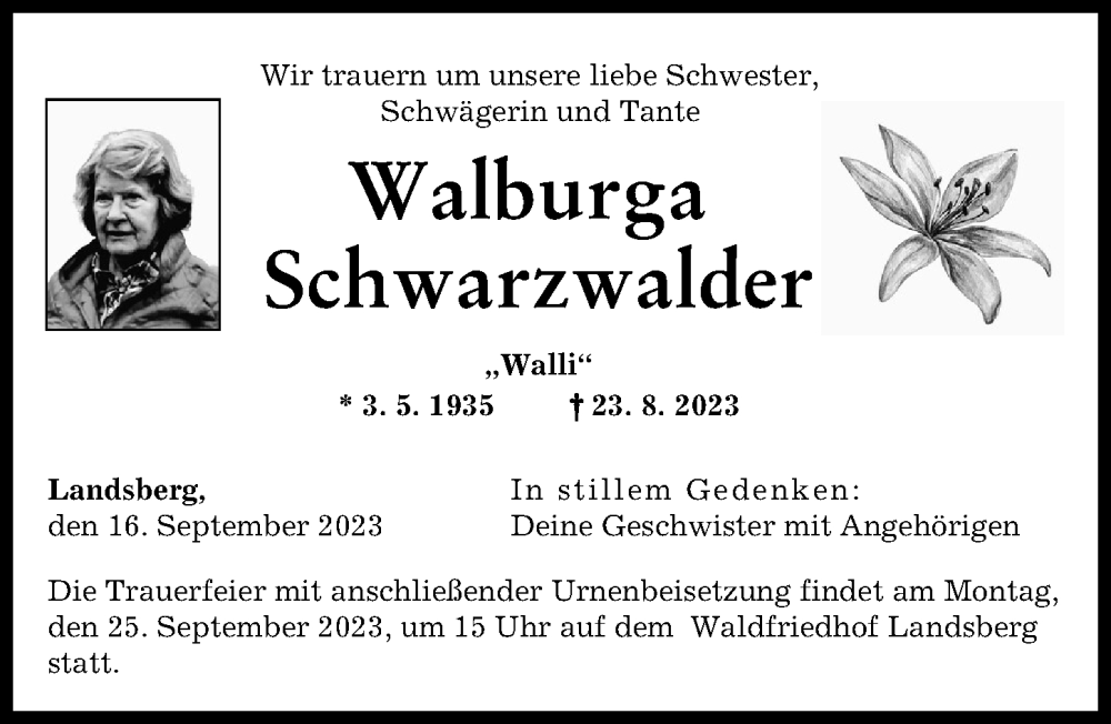 Traueranzeige von Walburga Schwarzwalder von Landsberger Tagblatt