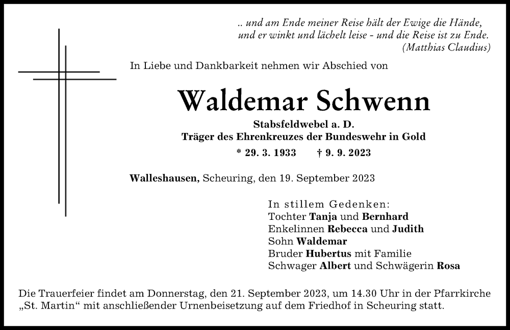  Traueranzeige für Waldemar Schwenn vom 19.09.2023 aus Schwabmünchner Allgemeine, Landsberger Tagblatt
