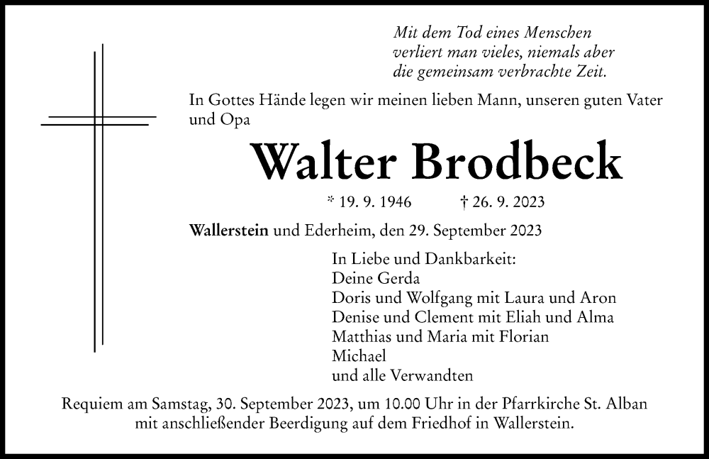  Traueranzeige für Walter Brodbeck vom 29.09.2023 aus Rieser Nachrichten