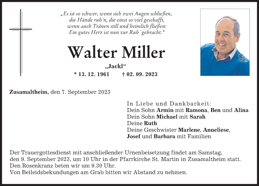 Traueranzeige von Walter Miller von Wertinger Zeitung