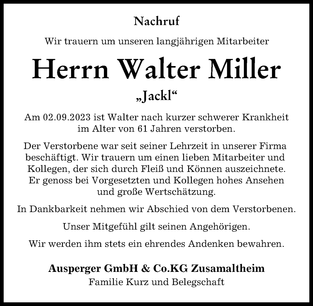  Traueranzeige für Walter Miller vom 07.09.2023 aus Wertinger Zeitung