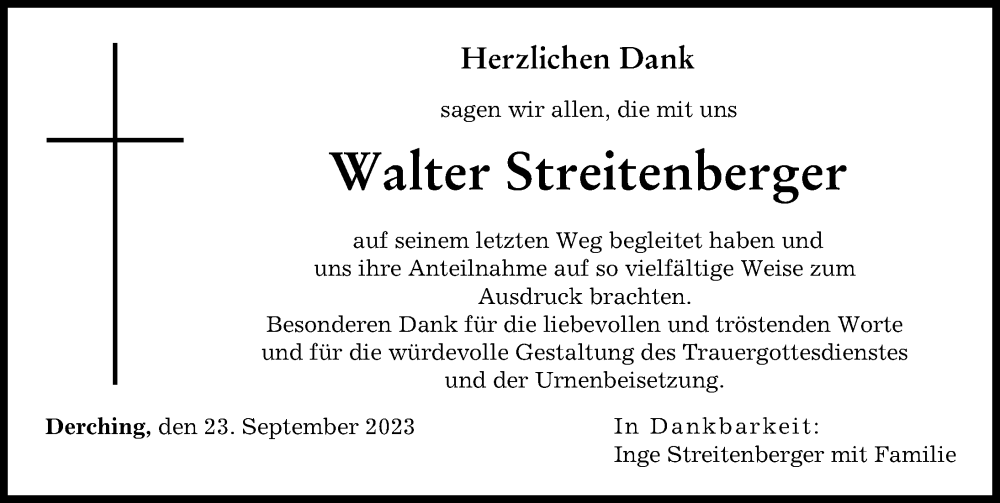 Traueranzeige von Walter Streitenberger von Friedberger Allgemeine, Augsburger Allgemeine