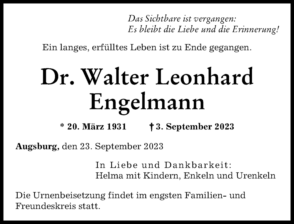  Traueranzeige für Walter Leonhard Engelmann vom 23.09.2023 aus Augsburger Allgemeine