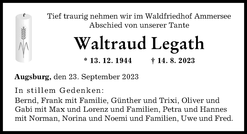  Traueranzeige für Waltraud Legath vom 23.09.2023 aus Augsburger Allgemeine