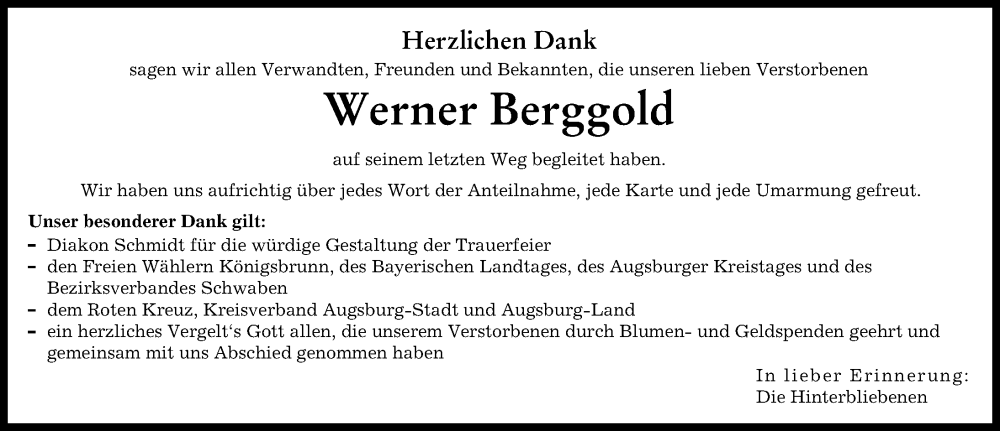 Traueranzeige von Werner Berggold von Augsburger Allgemeine