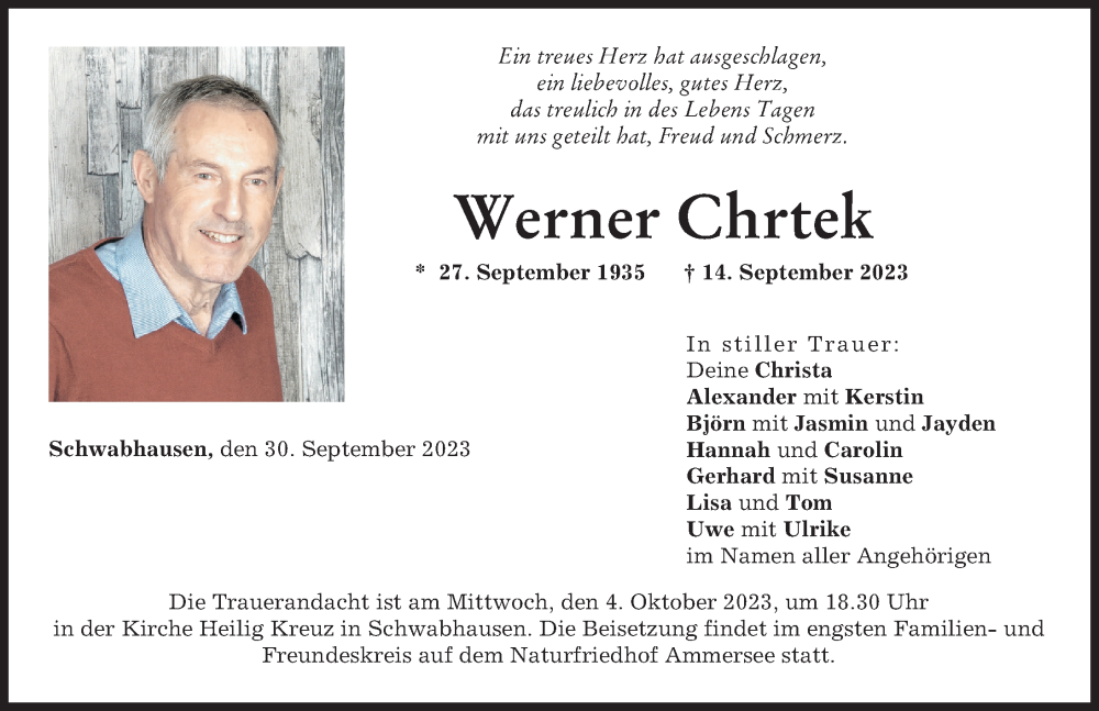  Traueranzeige für Werner Chrtek vom 30.09.2023 aus Landsberger Tagblatt