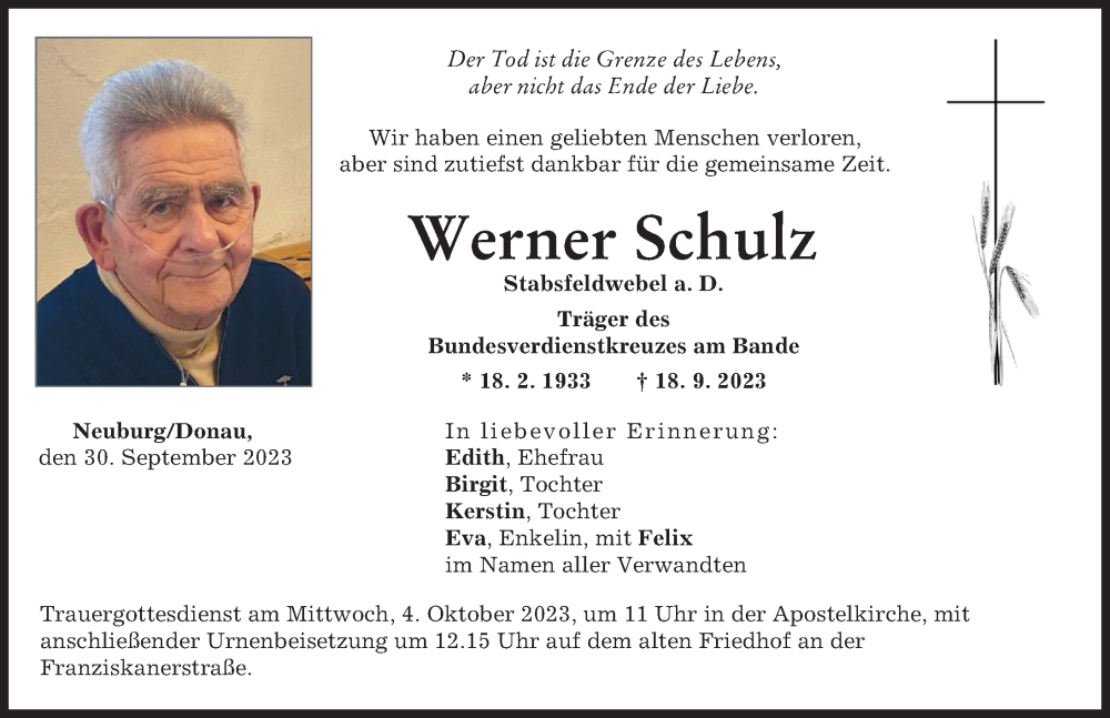  Traueranzeige für Werner Schulz vom 30.09.2023 aus Neuburger Rundschau