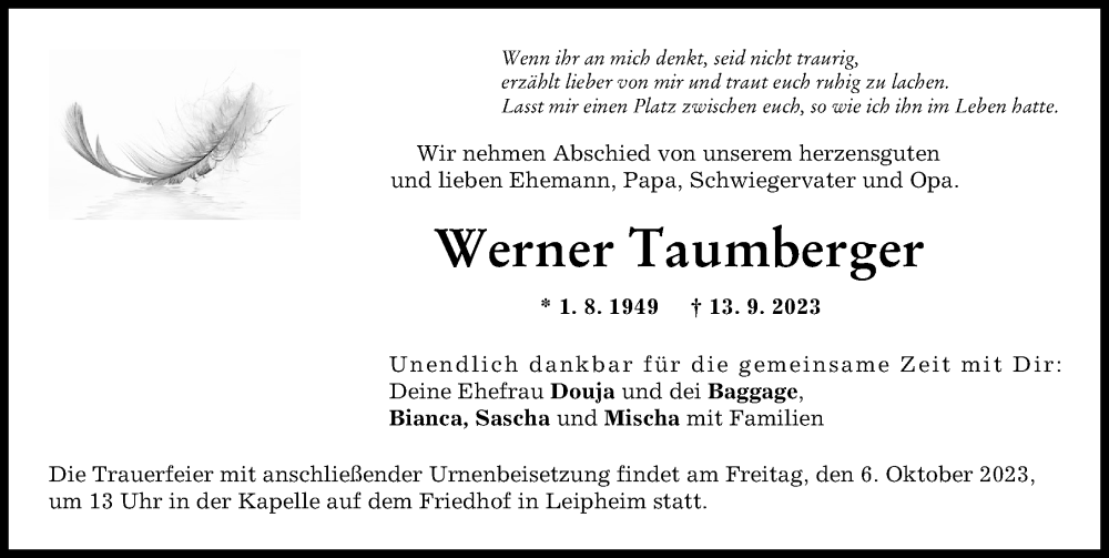  Traueranzeige für Werner Taumberger vom 30.09.2023 aus Günzburger Zeitung