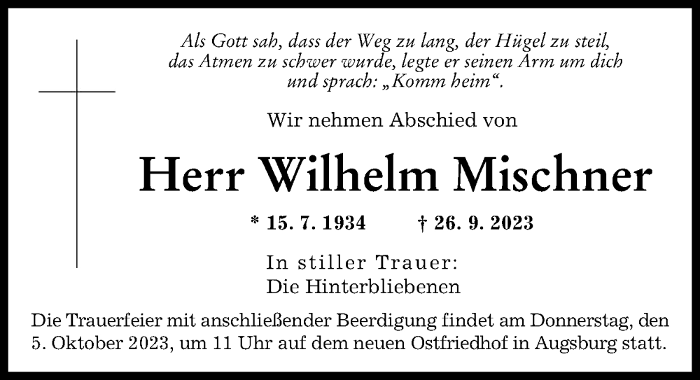  Traueranzeige für Wilhelm Mischner vom 30.09.2023 aus Augsburger Allgemeine
