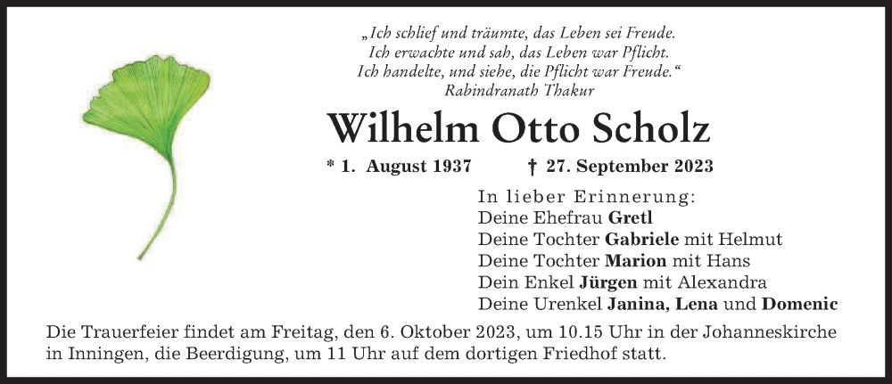  Traueranzeige für Wilhelm Otto Scholz vom 30.09.2023 aus Augsburger Allgemeine