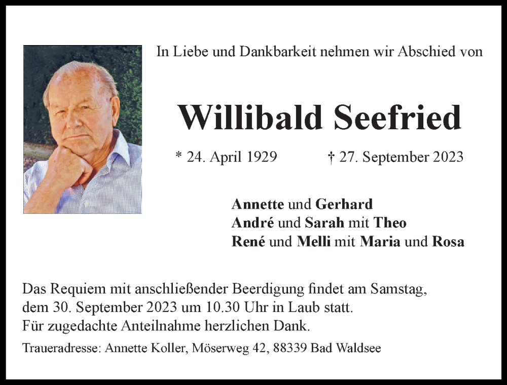  Traueranzeige für Willibald Seefried vom 30.09.2023 aus Rieser Nachrichten