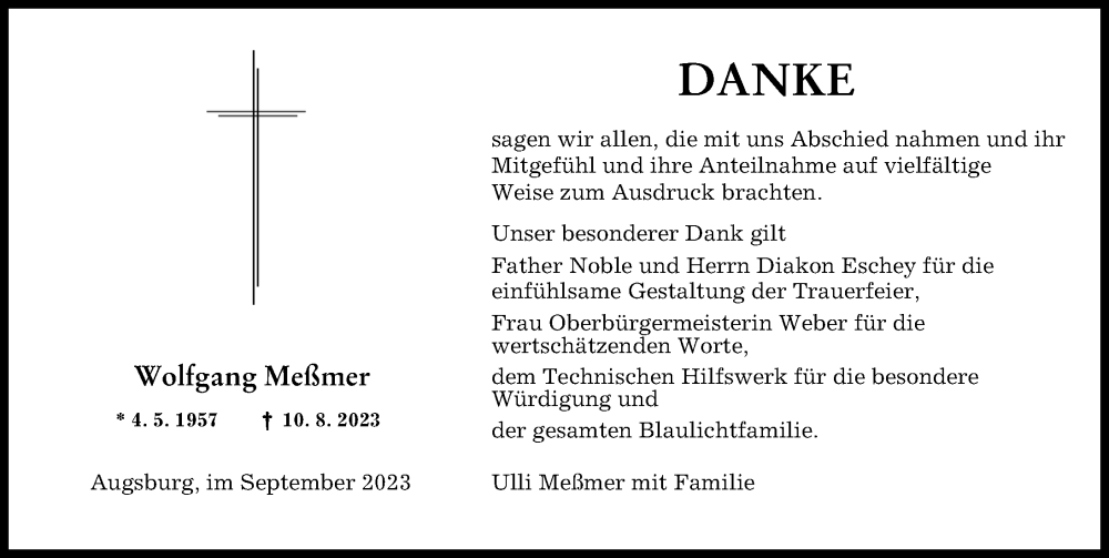 Traueranzeige von Wolfgang Meßmer von Augsburger Allgemeine