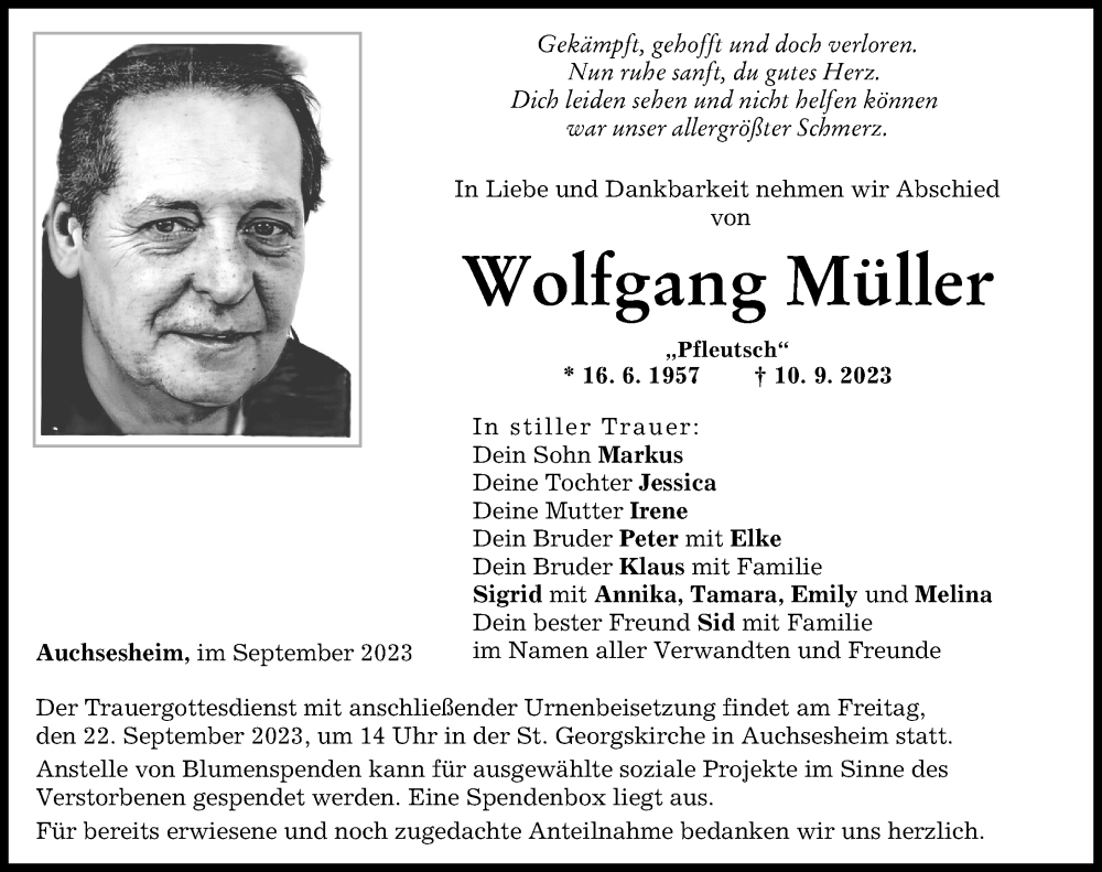  Traueranzeige für Wolfgang Müller vom 18.09.2023 aus Donauwörther Zeitung