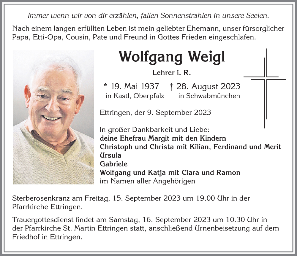 Traueranzeige von Wolfgang Weigl von Mindelheimer Zeitung