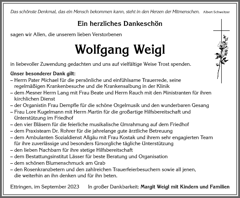 Traueranzeige von Wolfgang Weigl von Mindelheimer Zeitung