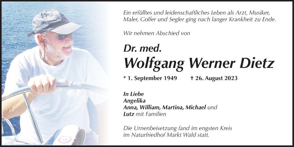  Traueranzeige für Wolfgang Werner Dietz vom 30.09.2023 aus Mindelheimer Zeitung