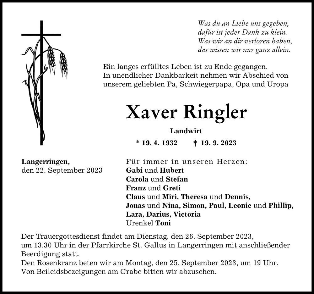  Traueranzeige für Xaver Ringler vom 22.09.2023 aus Schwabmünchner Allgemeine