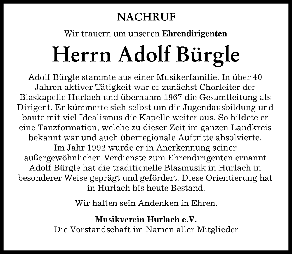 Traueranzeige von Adolf Bürgle von Landsberger Tagblatt