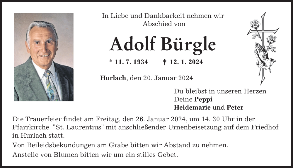 Traueranzeige von Adolf Bürgle von Landsberger Tagblatt