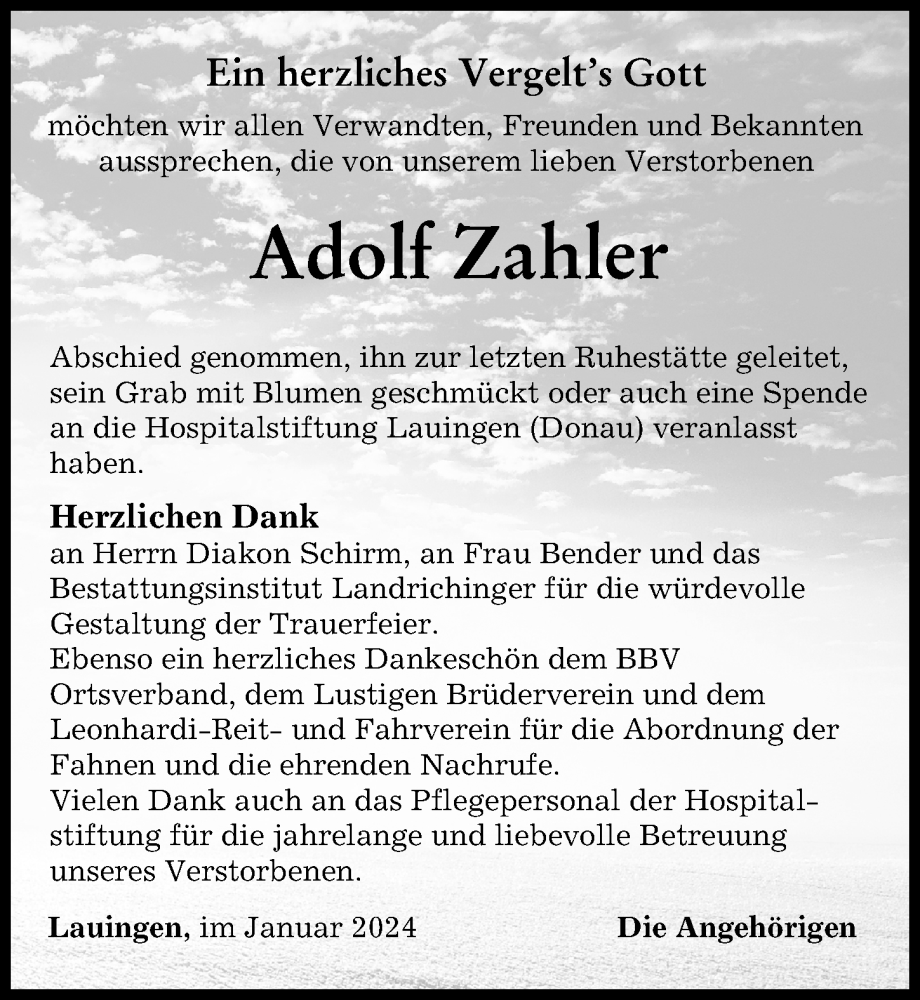 Traueranzeige von Adolf Zahler von Donau Zeitung