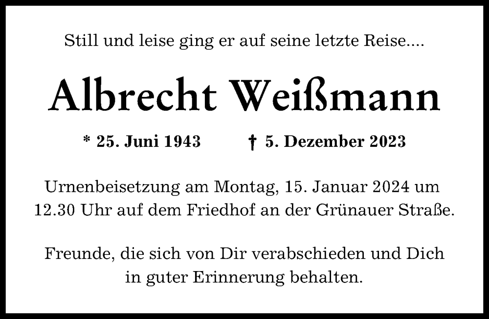 Traueranzeige von Albrecht Weißmann von Neuburger Rundschau