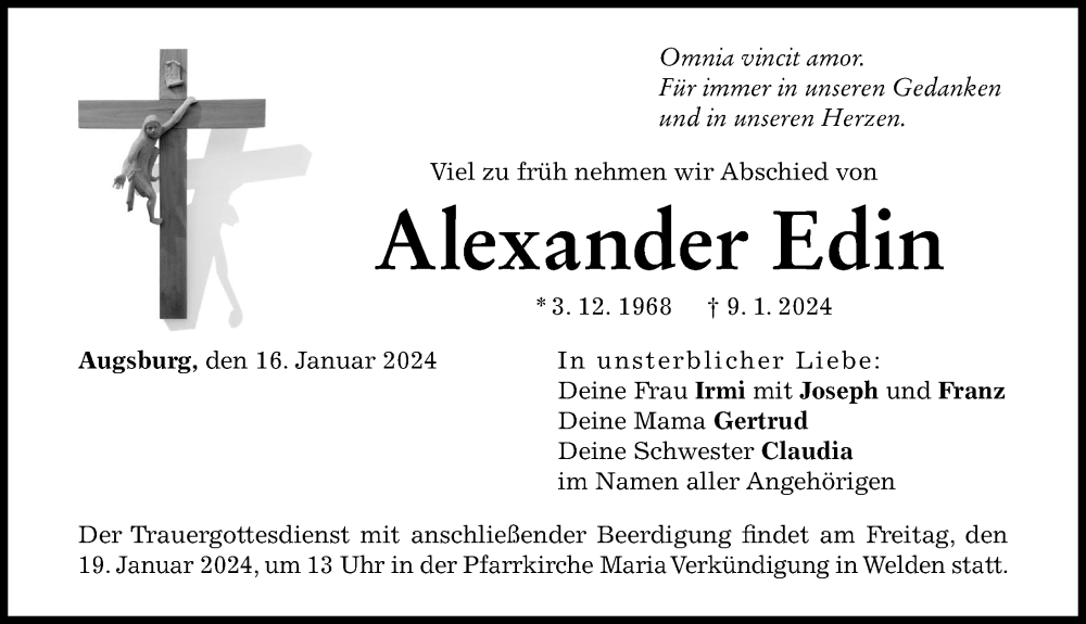 Traueranzeige von Alexander Edin von Augsburger Allgemeine