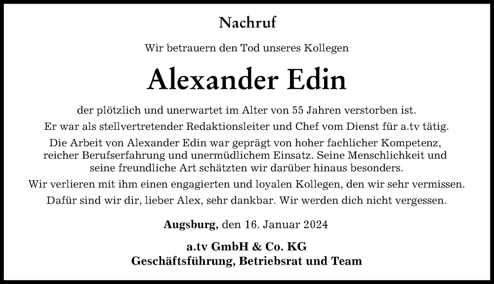 Traueranzeige von Alexander Edin von Augsburger Allgemeine