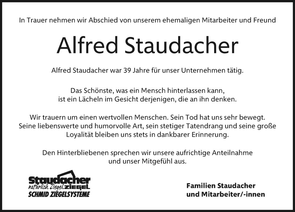 Traueranzeige von Alfred Staudacher von Günzburger Zeitung, Mittelschwäbische Nachrichten