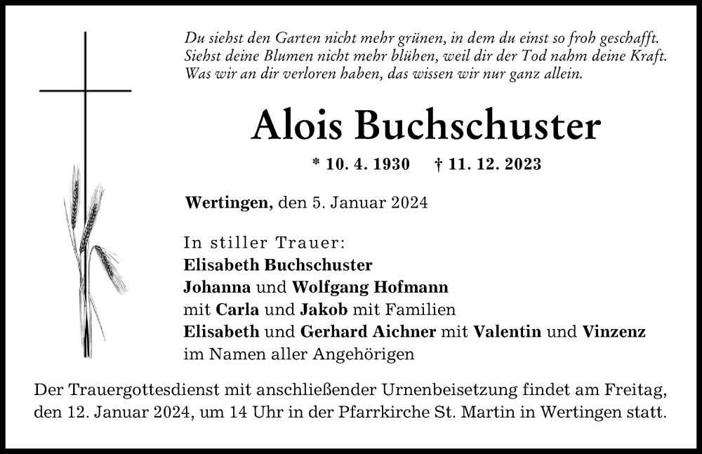 Traueranzeige von Alois Buchschuster von Wertinger Zeitung