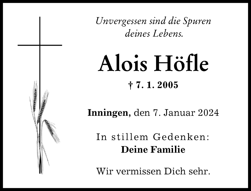 Traueranzeige von Alois Höfle von Augsburger Allgemeine