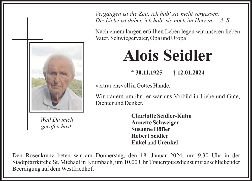 Traueranzeige von Alois Seidler von Mittelschwäbische Nachrichten