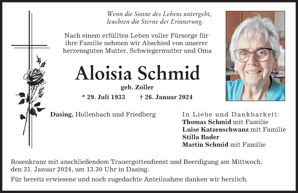 Traueranzeige von Aloisia Schmid von Friedberger Allgemeine