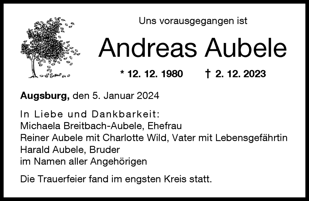 Traueranzeige von Andreas Aubele von Augsburger Allgemeine