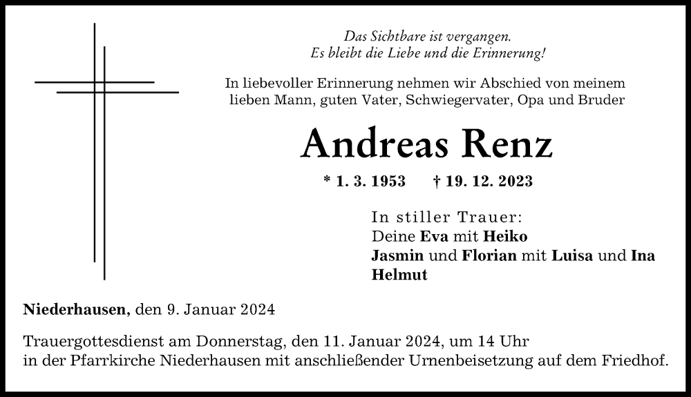 Traueranzeige von Andreas Renz von Neu-Ulmer Zeitung