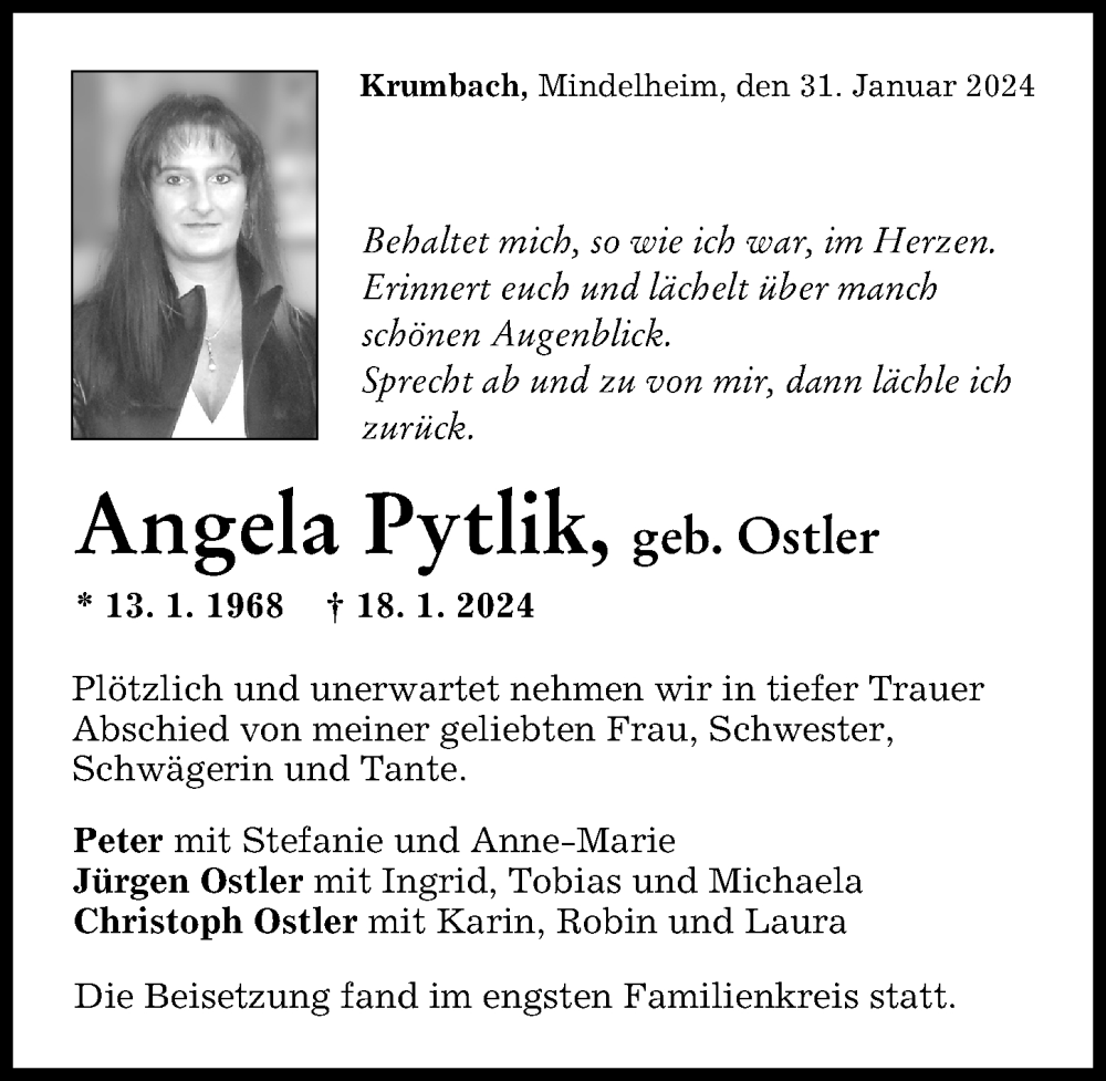 Traueranzeige von Angela Pytlik von Mindelheimer Zeitung