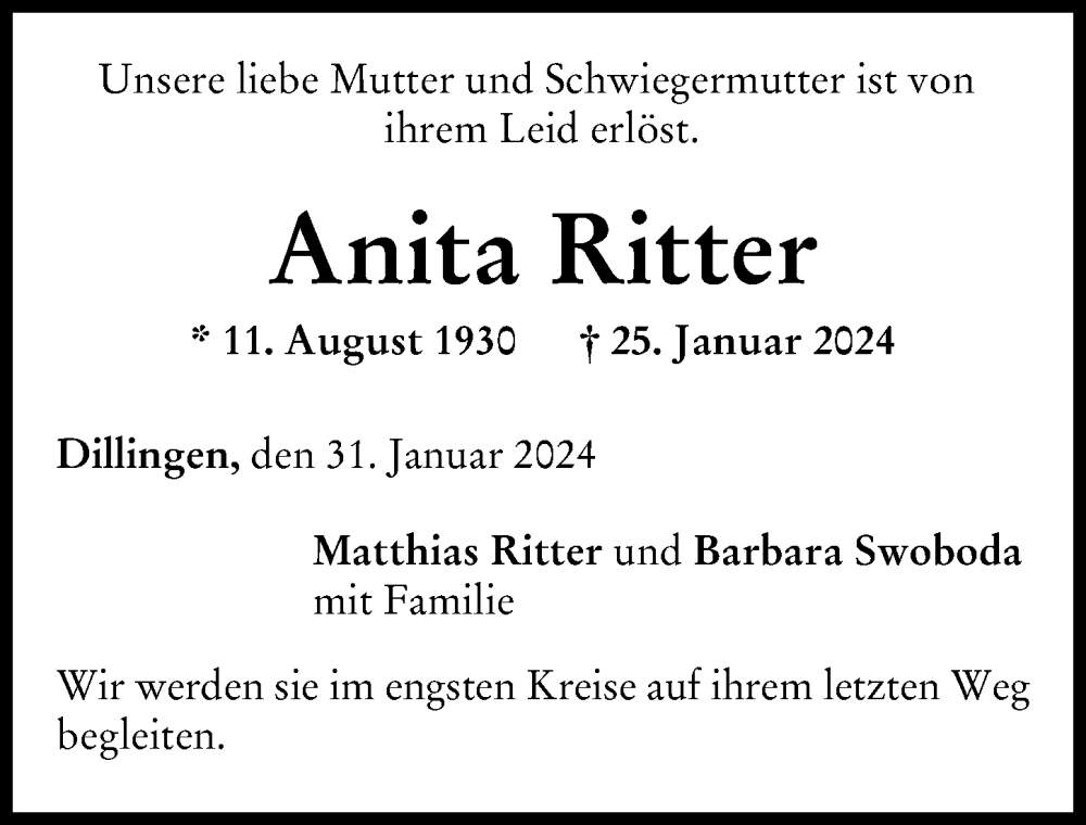  Traueranzeige für Anita Ritter vom 31.01.2024 aus Donau Zeitung